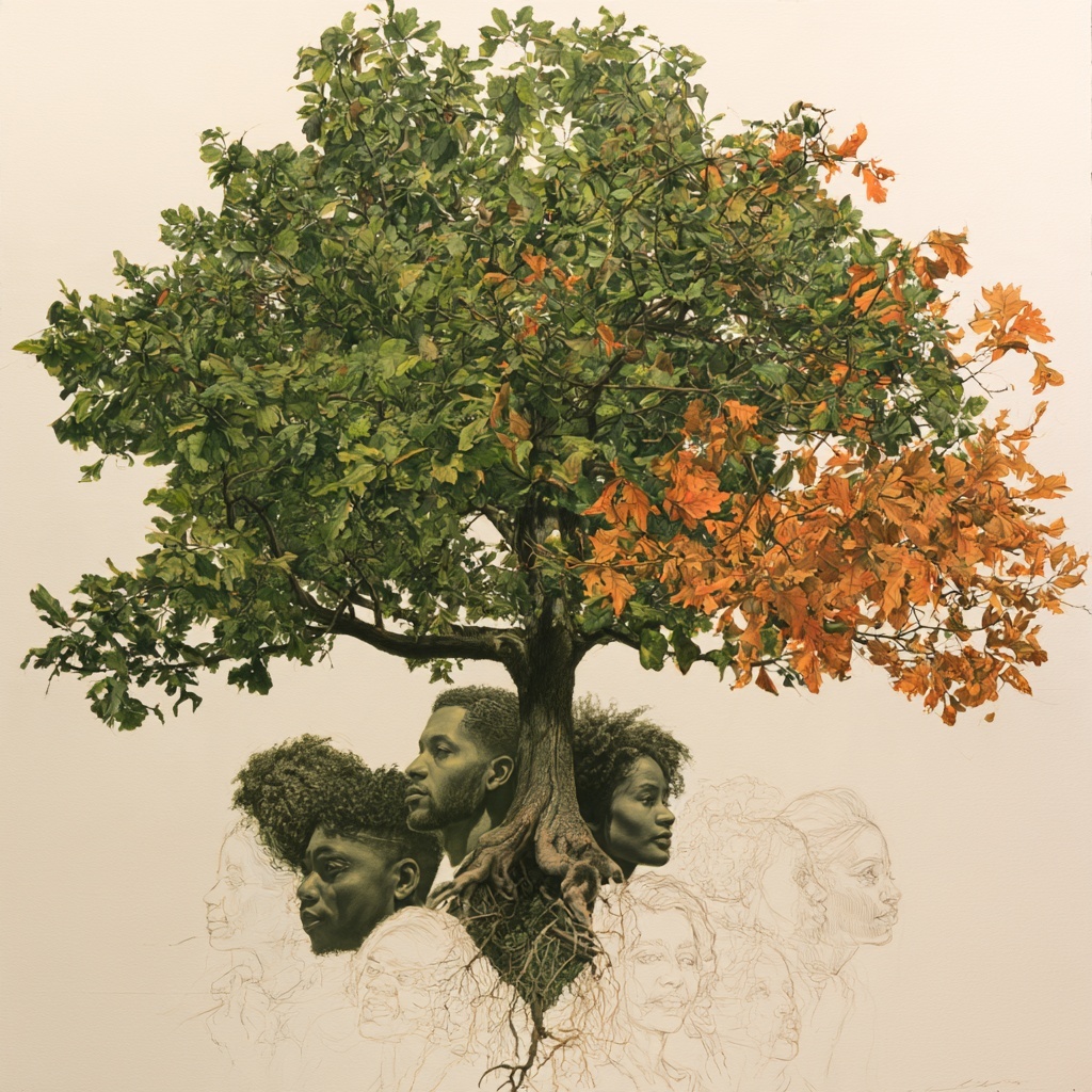 A broad tree with green and autumn leaves, a trunk surrounded by family portraits, and roots extending below.